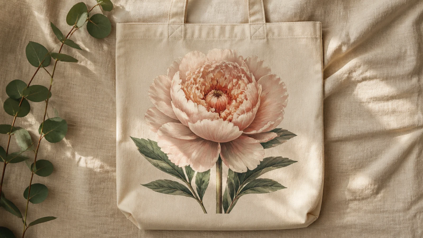 A cream canvas tote with one large ruffled peony in layered blush tones with a fuller center and sage leaves, centered.