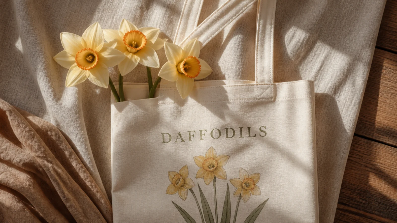 A cream canvas tote with three daffodils, pale yellow petals around deep ochre trumpet cups, on tall green stems.