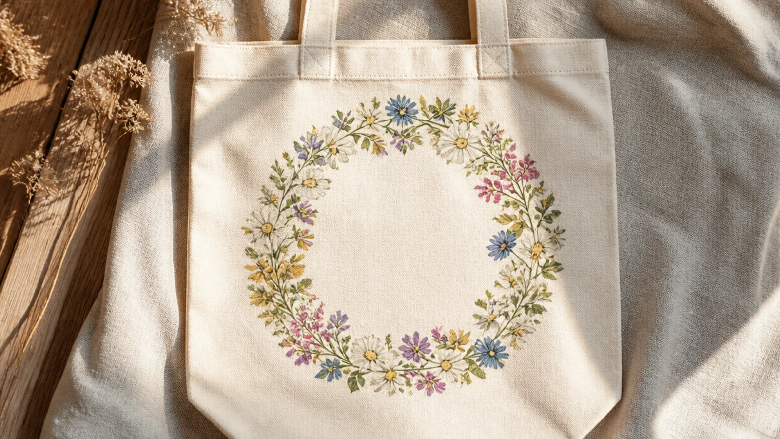 A cream canvas tote with a round wreath of mixed small flowers and green leaves circling an open bare-canvas center on the front.