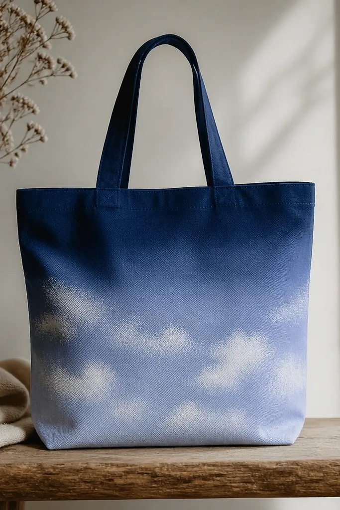 A tote painted with a smooth ombre from deep navy at the top to dusty periwinkle at the bottom. Soft cloud shapes are made with a light sponge, leaving visible speckle texture in the clouds.