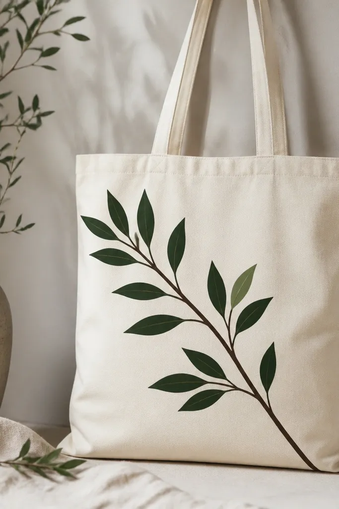 A cream tote with a single diagonal branch painted in dark brown. Emerald leaf shapes sit along the branch, with a few lighter green highlights. The leaves have sharp stencil edges.
