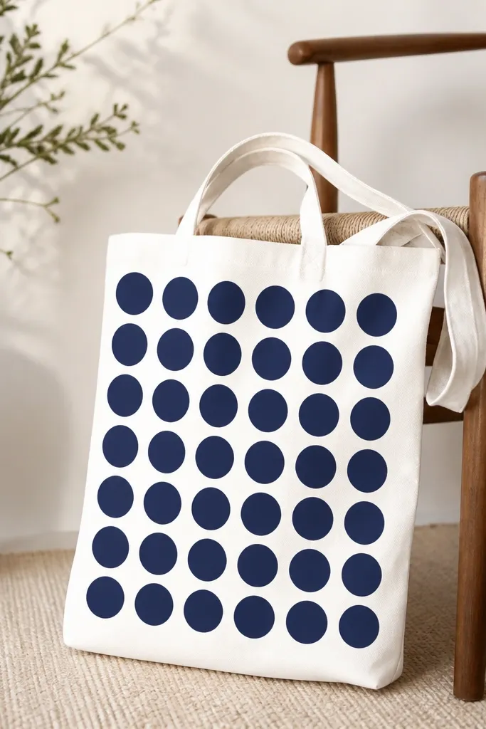 A white tote covered in evenly spaced navy circles in a grid pattern. The dots are perfectly round, with clean edges and a matte finish; a small off-white margin remains around the border.