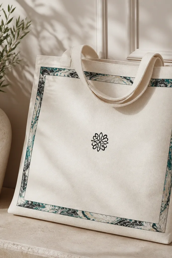 A tote with a thin rectangular marbled frame in teal, black, and off-white. In the center, a small black monogram sits on a clean cream background.