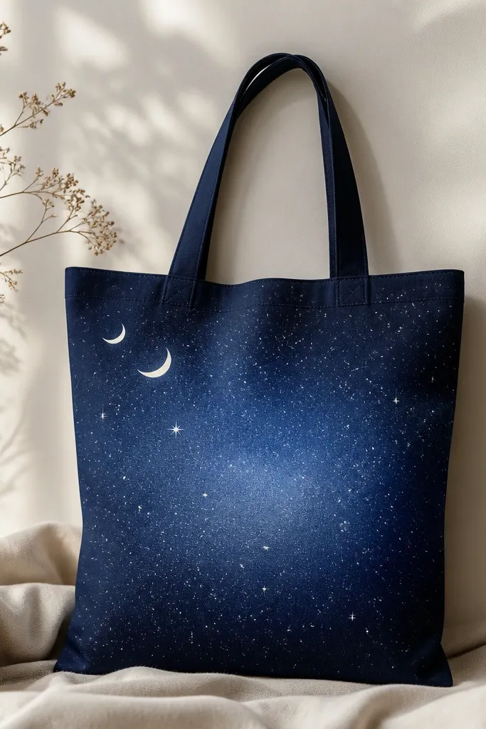 A dark navy tote front with a gradient fading lighter toward the center. White star dots vary in size, and two crescent moons sit near the top left. The fabric looks matte and slightly speckled.