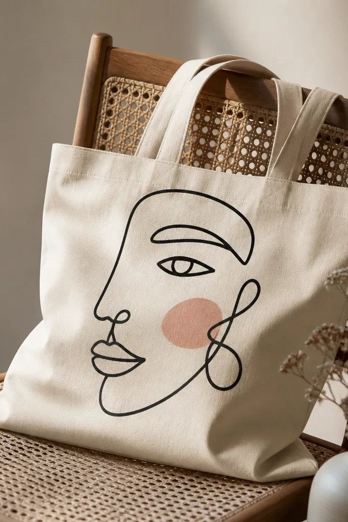 A cream tote with a single continuous black line drawing of a face. The lines are smooth and slightly raised from paint pen strokes; there's a small blush patch in muted pink near the cheek.