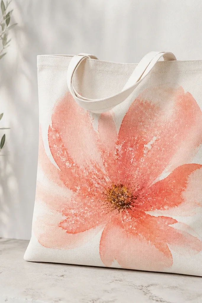 A tote with a single oversized flower painted in coral and peach. Inside the petals, there are tiny textured speckles where salt was sprinkled; the background stays off-white and clean.