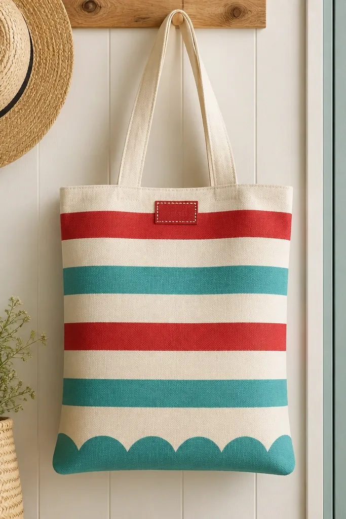 A tote painted with horizontal stripes in red, cream, and teal. Along the bottom edge is a scalloped border in teal, and the top has a small red label-style rectangle with white dots.