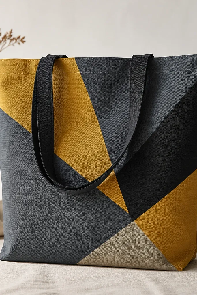 A tote front with overlapping geometric triangles in mustard, black, and slate gray. The shapes look sharp with clean edges and a matte finish; one triangle has a slightly lighter highlight layer.