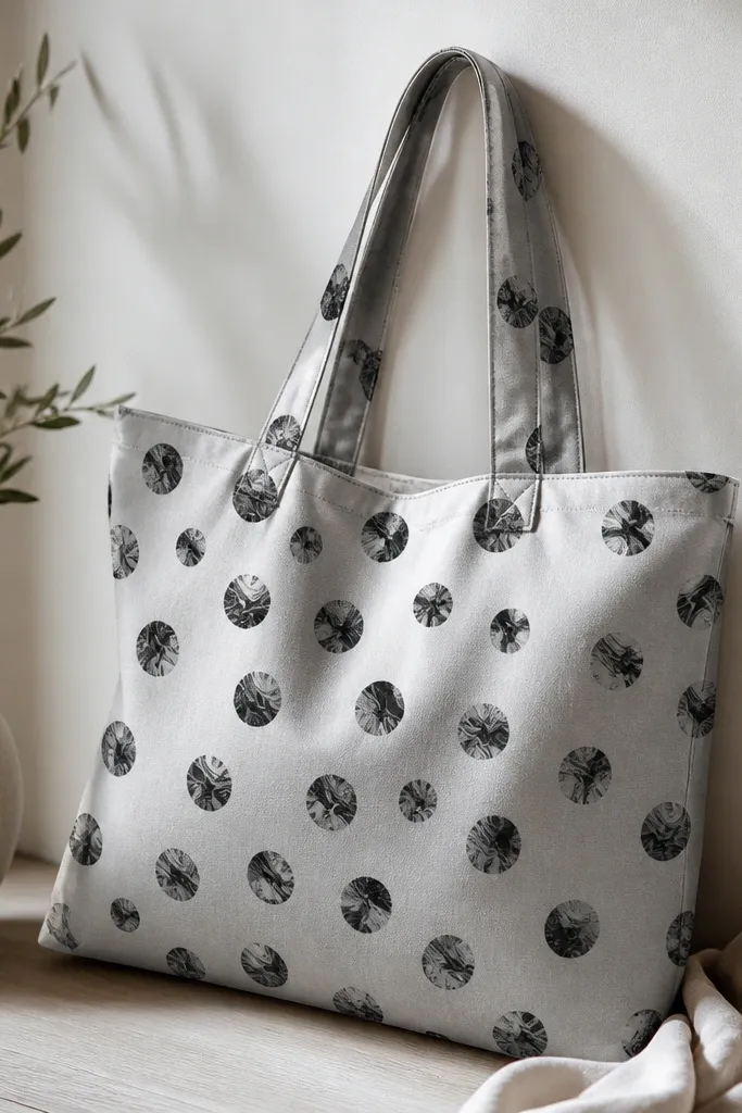 A tote with a light gray base covered in scattered black marbled dots. Each dot has tiny swirl lines, and the overall pattern looks random but evenly distributed.