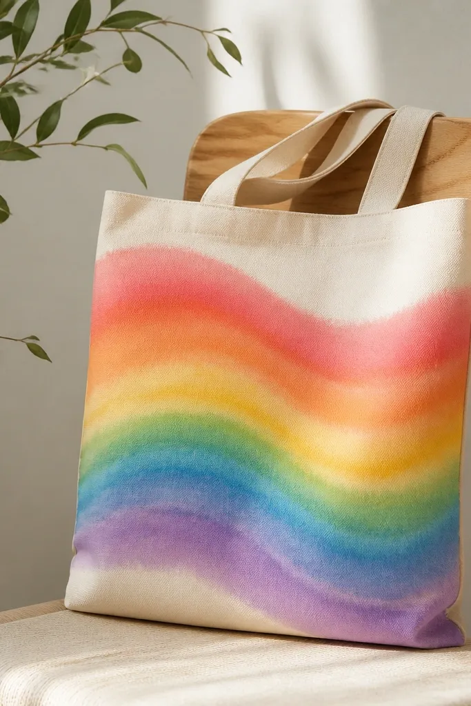 A tote with curved rainbow bands that ripple across the front. Colors transition smoothly: coral, orange, yellow, green, blue, then violet. The edges are soft where a rag blended the paint.