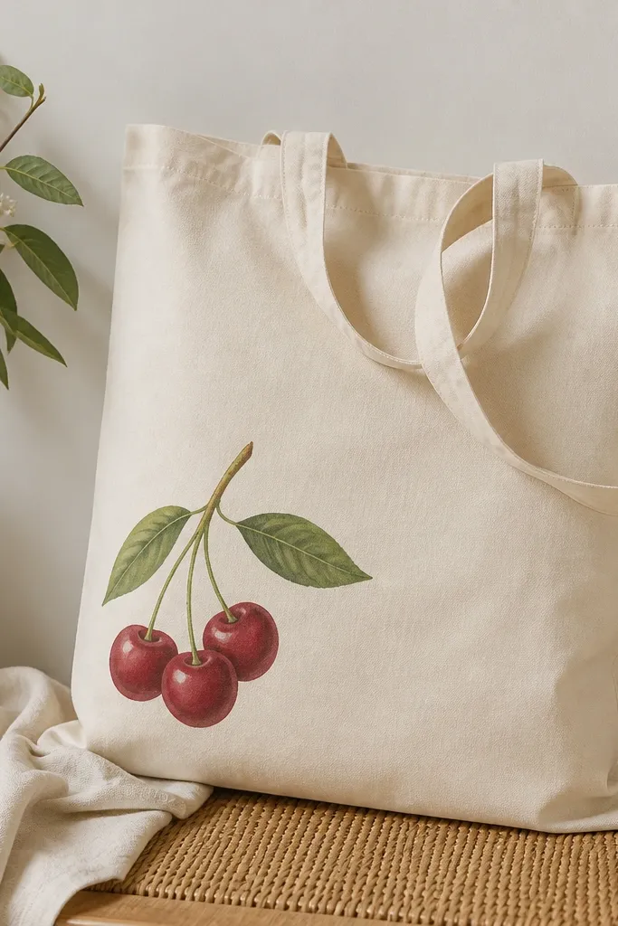 A cream tote with a cluster of cherries on the lower left. The cherries are deep red with small highlight dots, and there are three green leaves with thin stems. Everything looks hand-painted but neat.