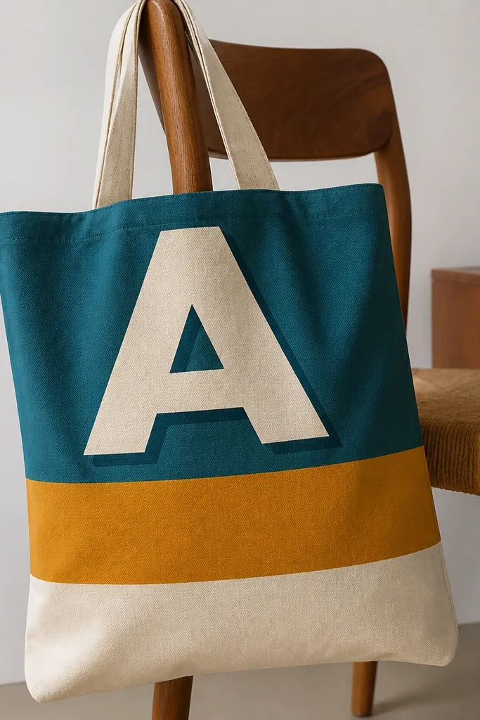 A tote with three stacked color blocks: teal, mustard, and off-white. On the teal block is a huge off-white letter with thick edges; the letter has a faint shadow in darker teal.