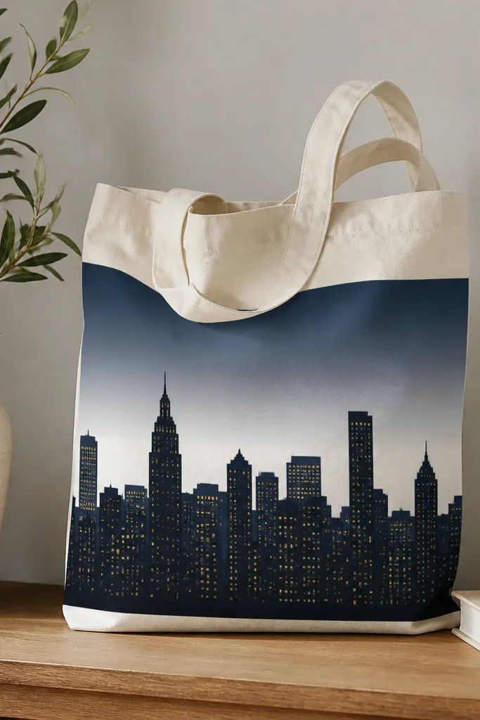 A black and navy skyline on a cream tote. Building silhouettes are solid, and each window is a tiny yellow dot. The sky has a subtle gradient from navy to light gray.