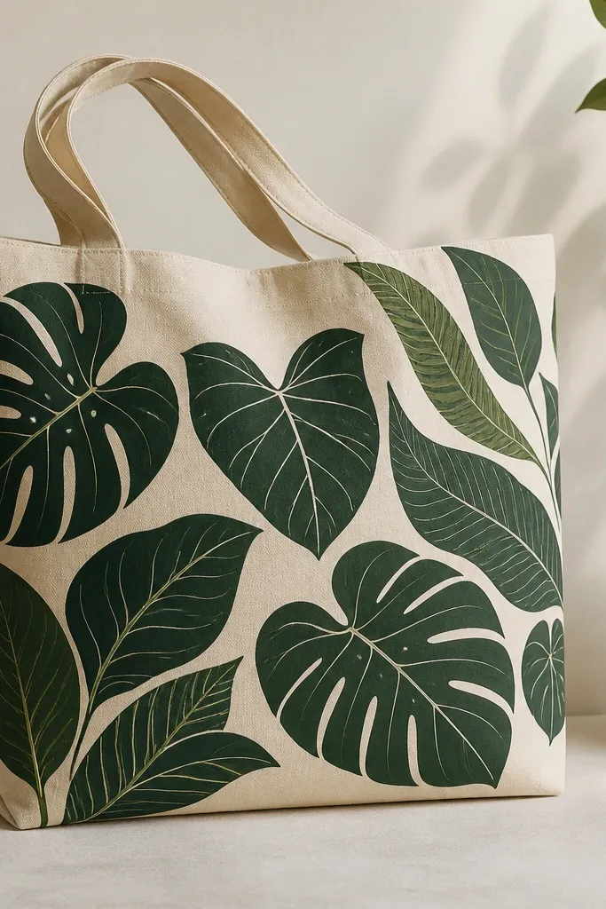 A tote with dark green tropical leaves across the front. Each leaf has a thin white outline, and a few leaves have lighter green veins. The background is plain cream.