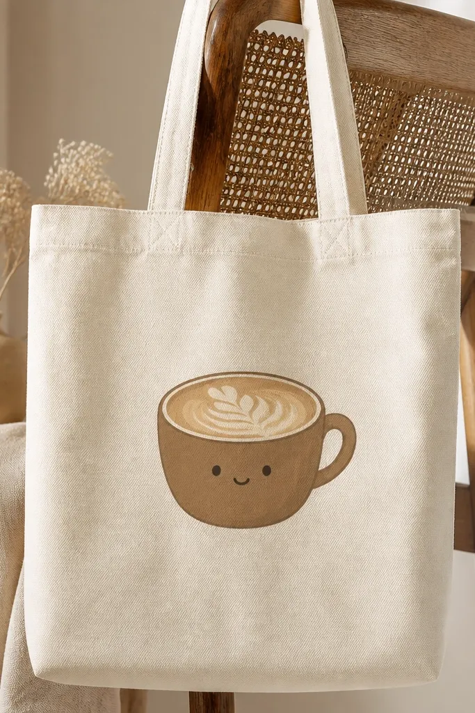 A tote with a simple brown latte cup drawing. The cup has a small smiling face, and the foam top has a swirl pattern in beige and white. The style is cute, clean, and centered.