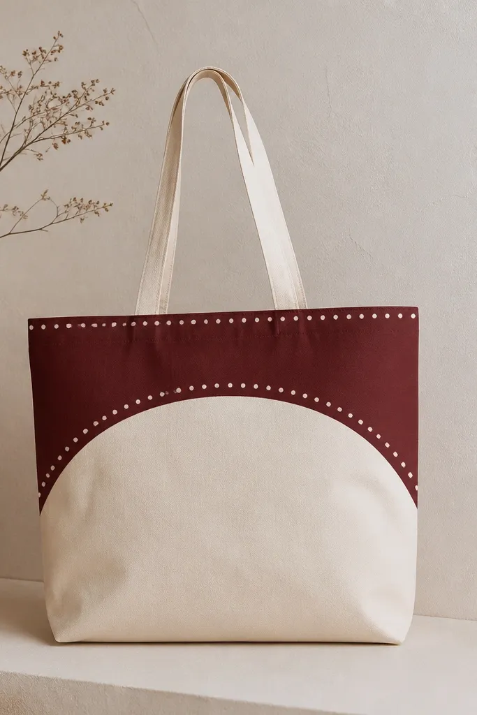 A tote painted cream with a maroon half-arch on the top half. Along the arch and inside the curve are small white dots. The maroon paint is smooth and matte.