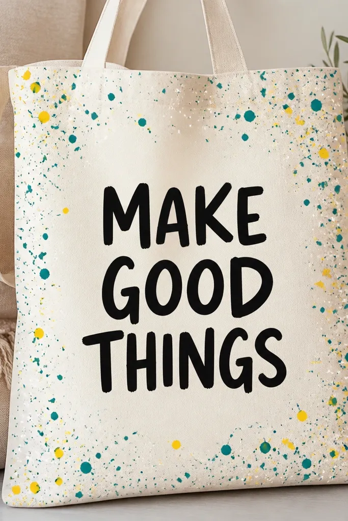 A tote with bold hand-lettered black text centered. Around the edges is a border of small paint splatters in teal, yellow, and white, like confetti. The center text is clean and thick.