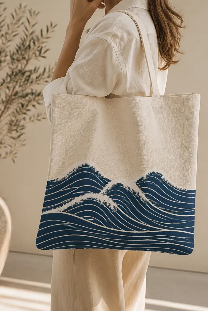 A tote with navy wave lines across the lower half. White foam looks like rough brush marks at the peaks of the waves. The top half is plain cream.