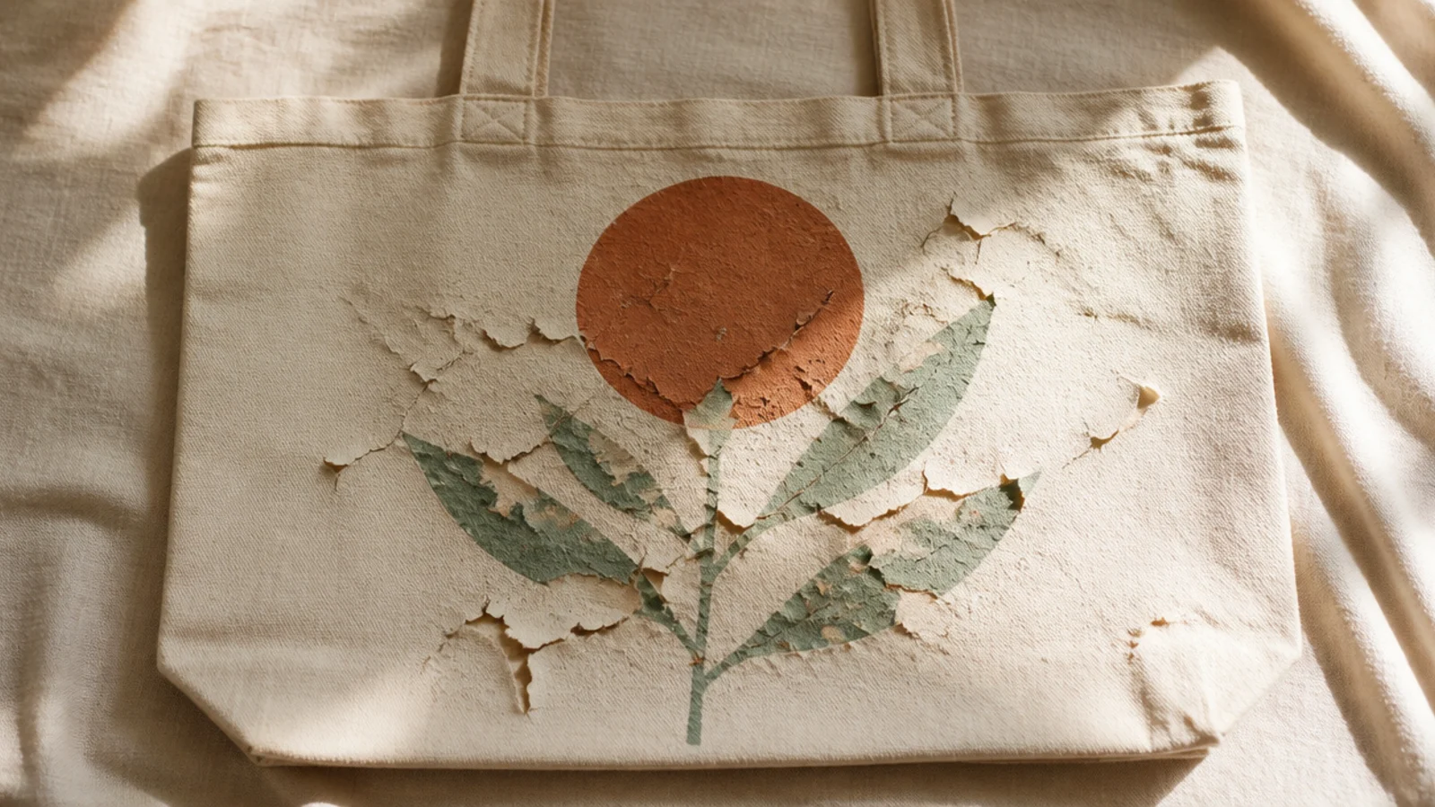 A cream canvas tote with a painted design visibly cracking and flaking off, showing paint that never bonded to the fabric.