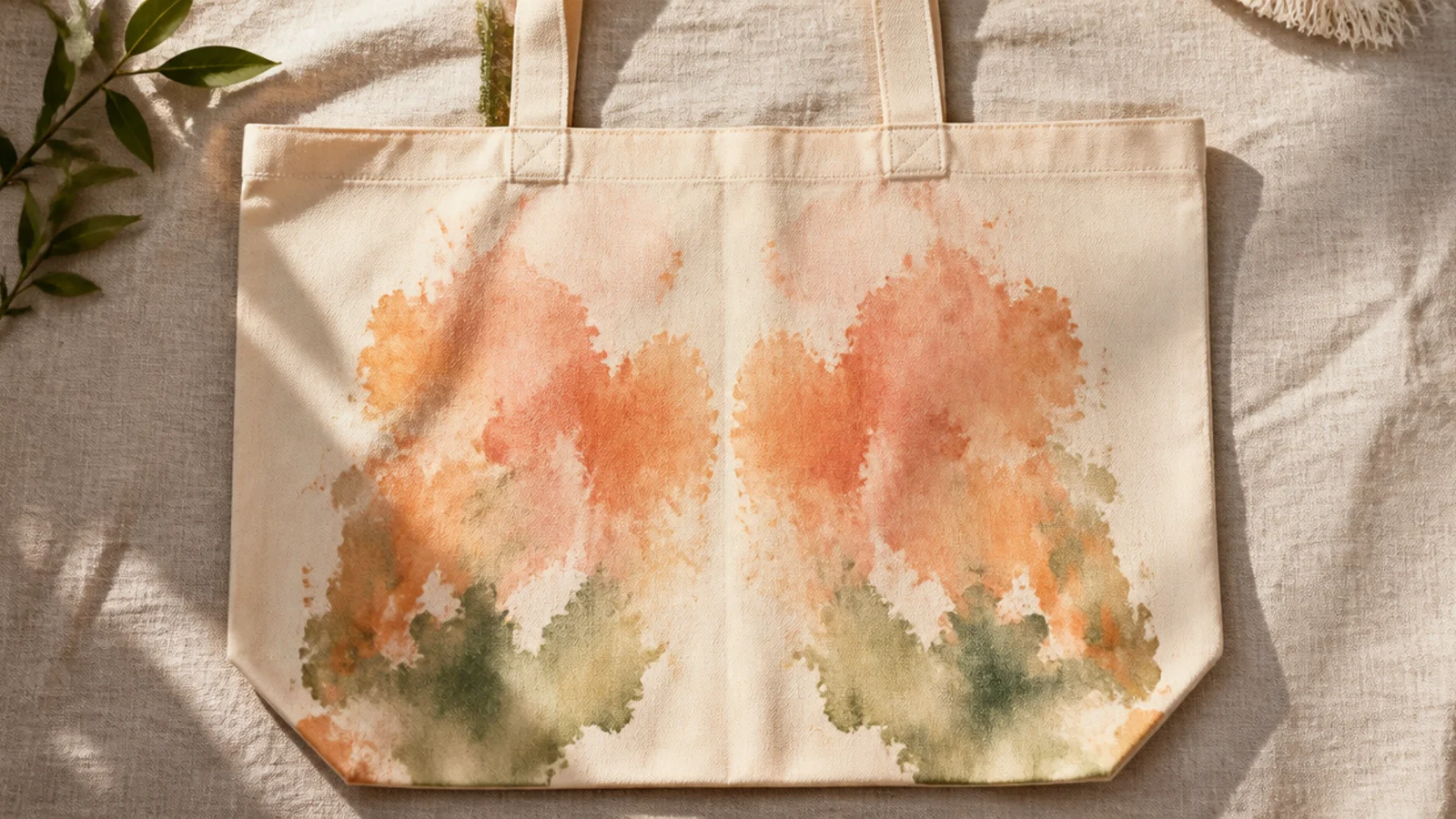 A cream canvas tote turned to show paint that has bled through the front and left a mirrored stain on the back panel.
