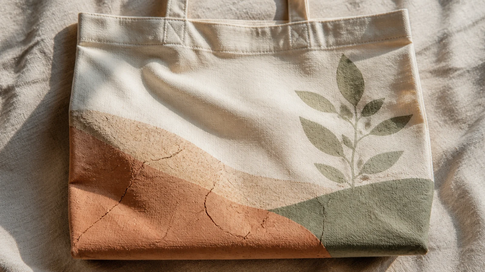 A close view of a canvas tote where a painted area has dried stiff and cracked like dried mud where the fabric folds.