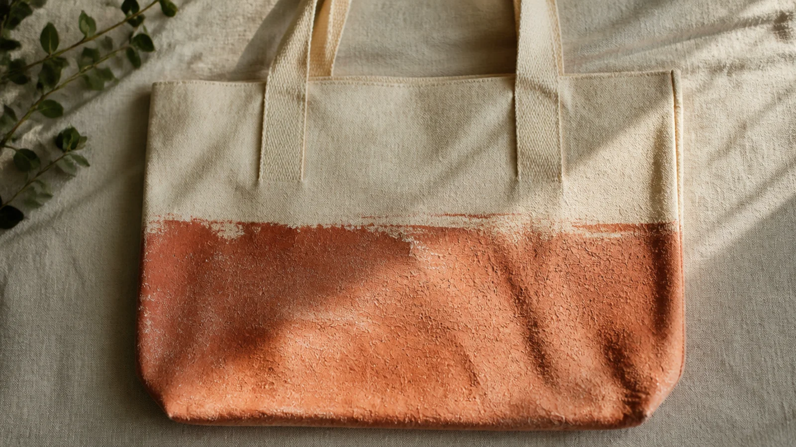 A canvas tote with a color block that dried streaky and uneven, thick in places with a visibly rough, cracked surface.