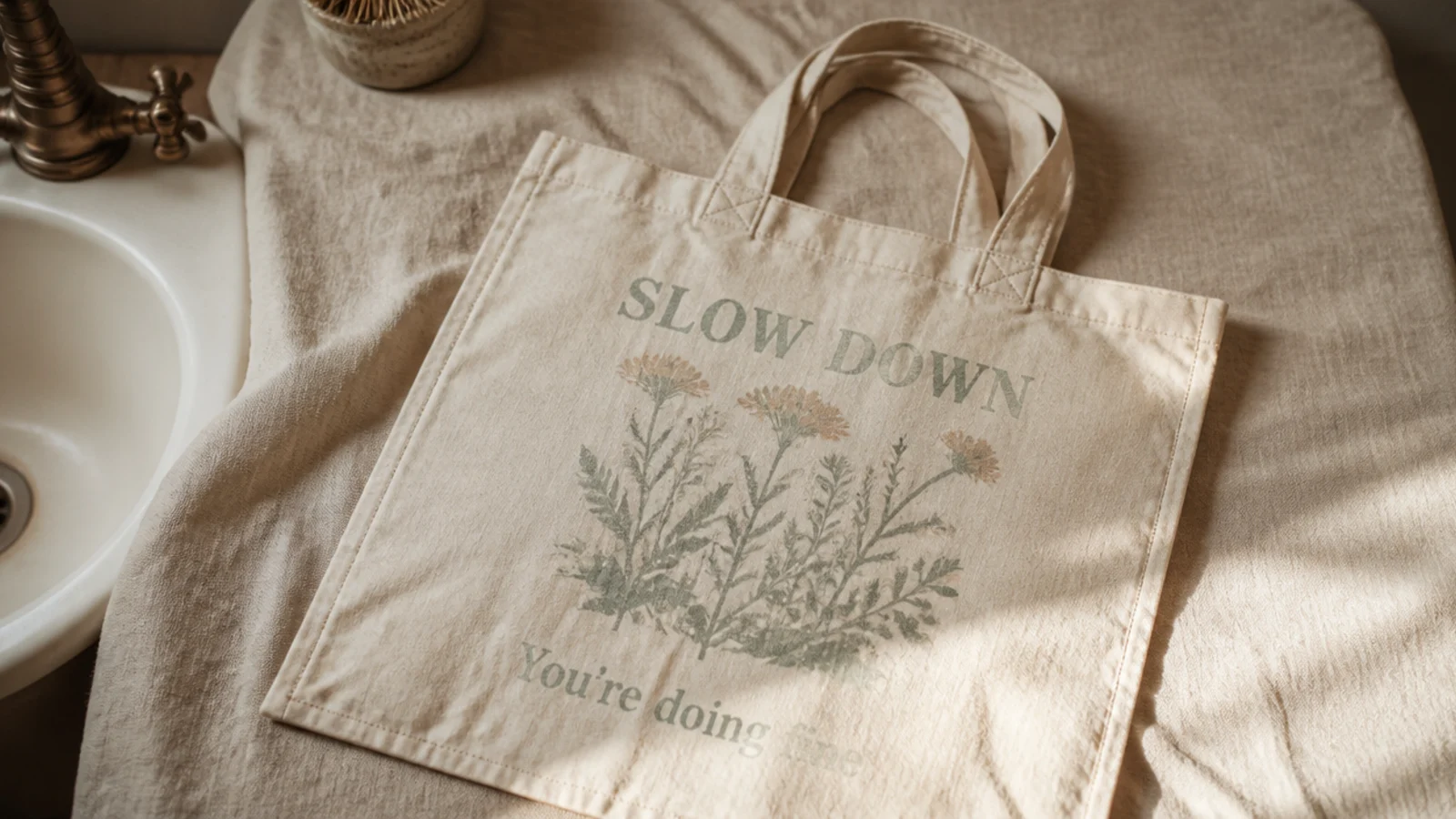 A faded canvas tote beside a wash basin, its once-bright painted design now pale and patchy after a single wash.