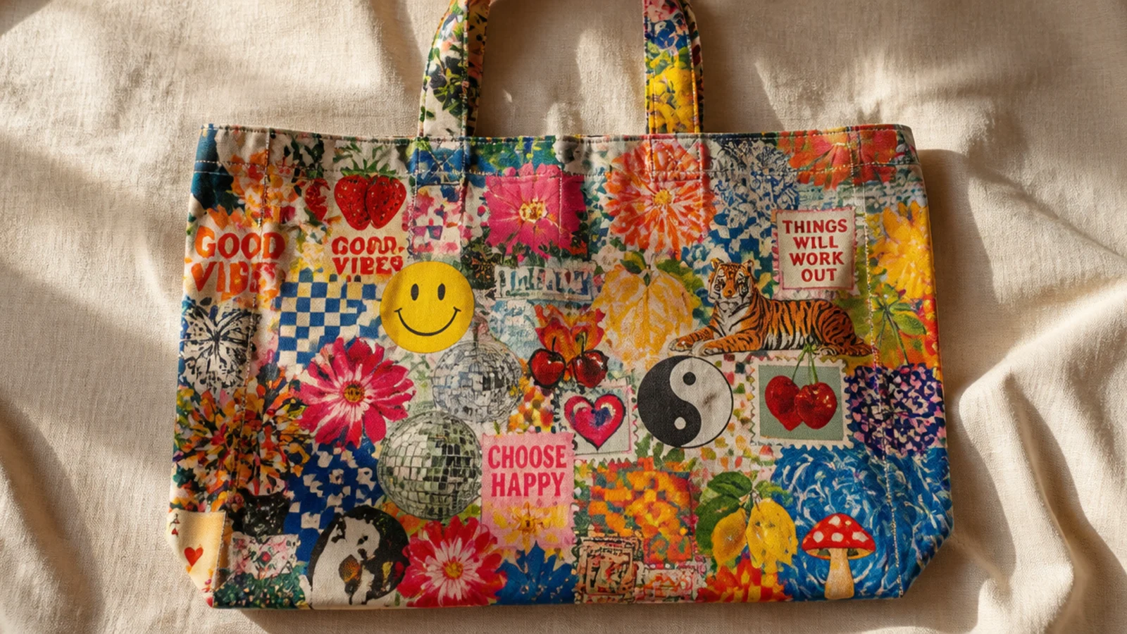A busy canvas tote crowded with too many different motifs and clashing bright colors filling every inch of the front.