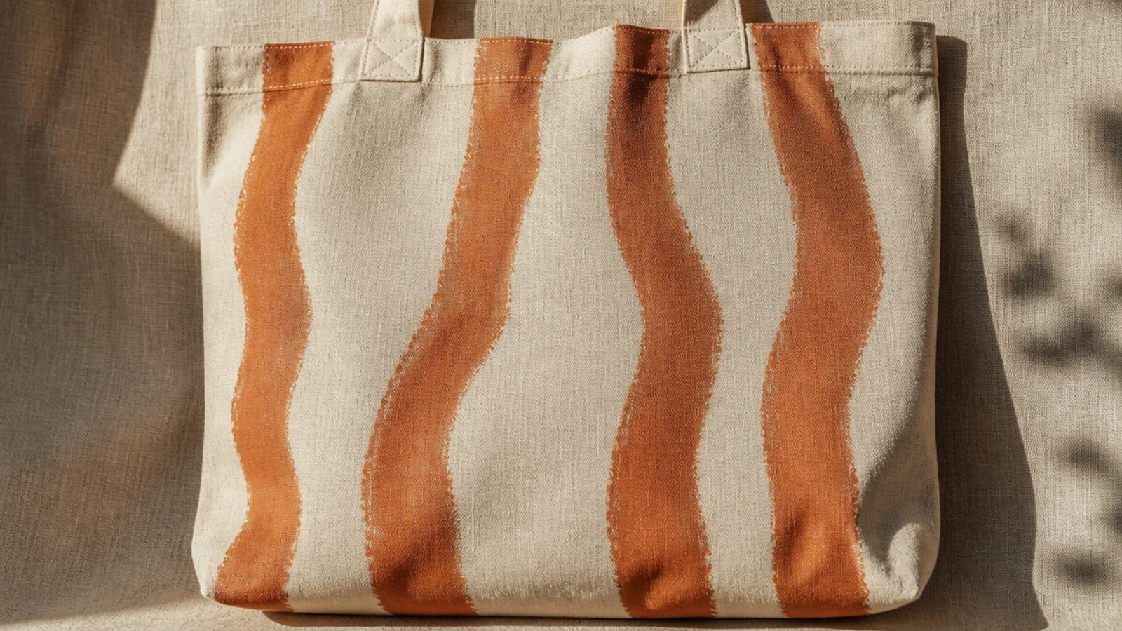 A canvas tote with wavy, uneven painted stripes that were freehanded, the edges fuzzy where paint crept into the weave.