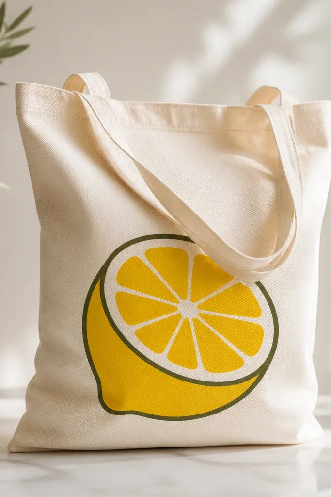 A cream canvas tote with a bold lemon half in bright yellow. The outer outline is dark olive, and the interior has a smooth yellow fill with no bleeding into the weave.