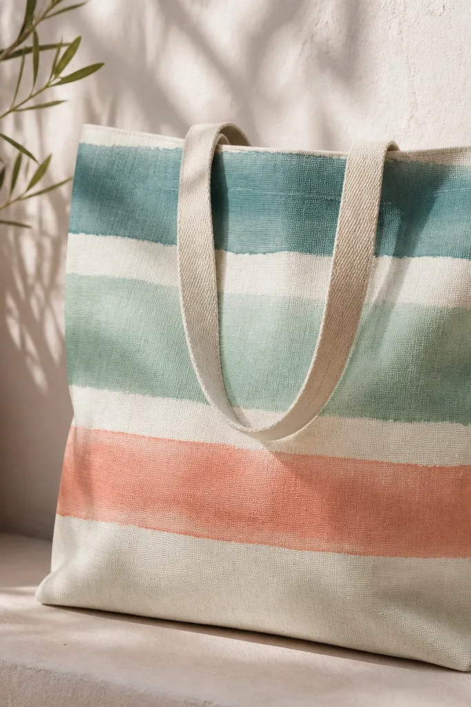 A tote bag with horizontal stripes in faded teal, seafoam, and dusty coral. The stripes have soft edges like a watercolor wash, with visible texture but no muddy pooling.