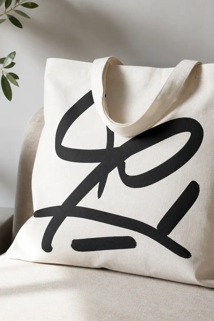 A tote with bold black hand-lettering across the front. The letters look like marker strokes - flat, opaque, and even - with no cracking after flexing.