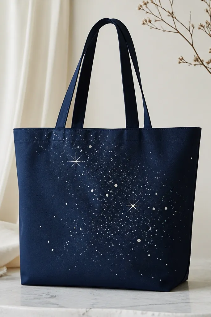 A dark navy tote front with scattered star-like speckles in silver, light blue, and small white dots. The splatter is controlled and doesn't cover the entire bag.