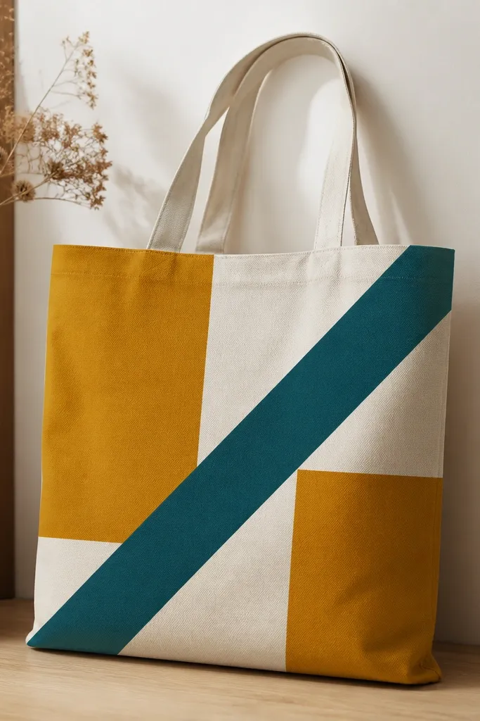 A tote with clean geometric blocks: mustard rectangles, white negative space, and a teal diagonal stripe. The tape lines are straight and crisp with no paint seepage.