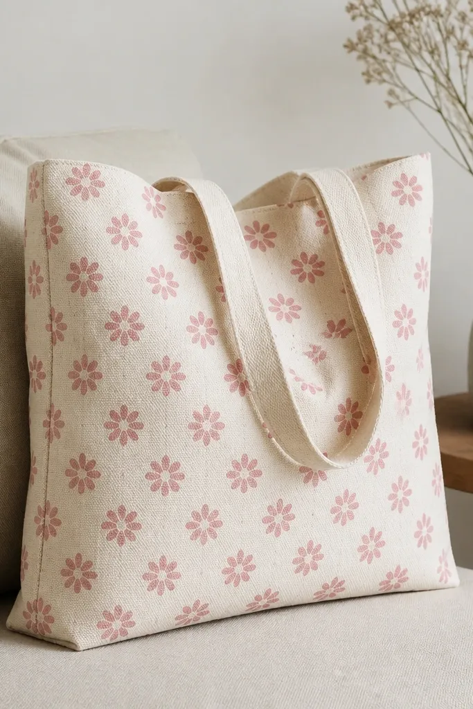 A tote with a repeating small flower stencil pattern in muted pink and blush. Each flower has crisp petals and a clean center, with no halo around the stencil edges.