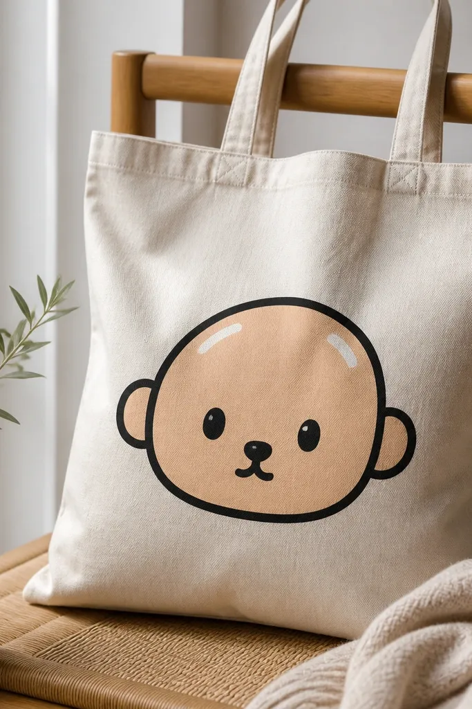 A tote featuring a simple character face: bold black outline, then a pale peach fill with small highlights. The outline looks drawn, and the fill looks even.