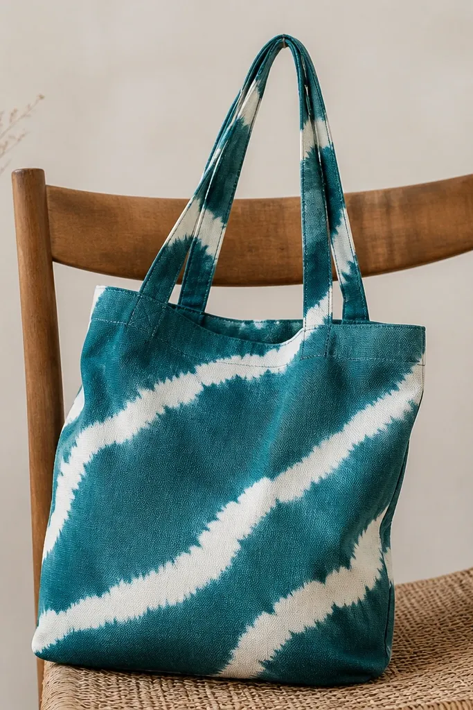 A tote dyed teal with a white resist pattern in organic waves. The white areas look crisp and slightly textured, like natural tie-dye with sharp edges.