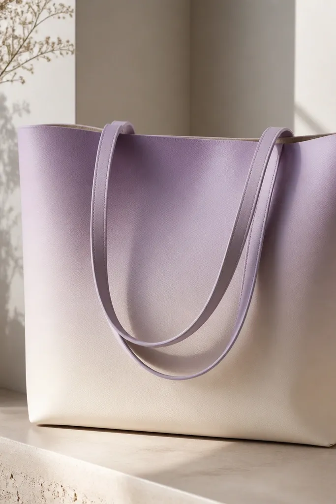 A tote with a smooth ombre from soft lavender near the top to cream at the bottom. The transition is gradual and clean, without streaks.