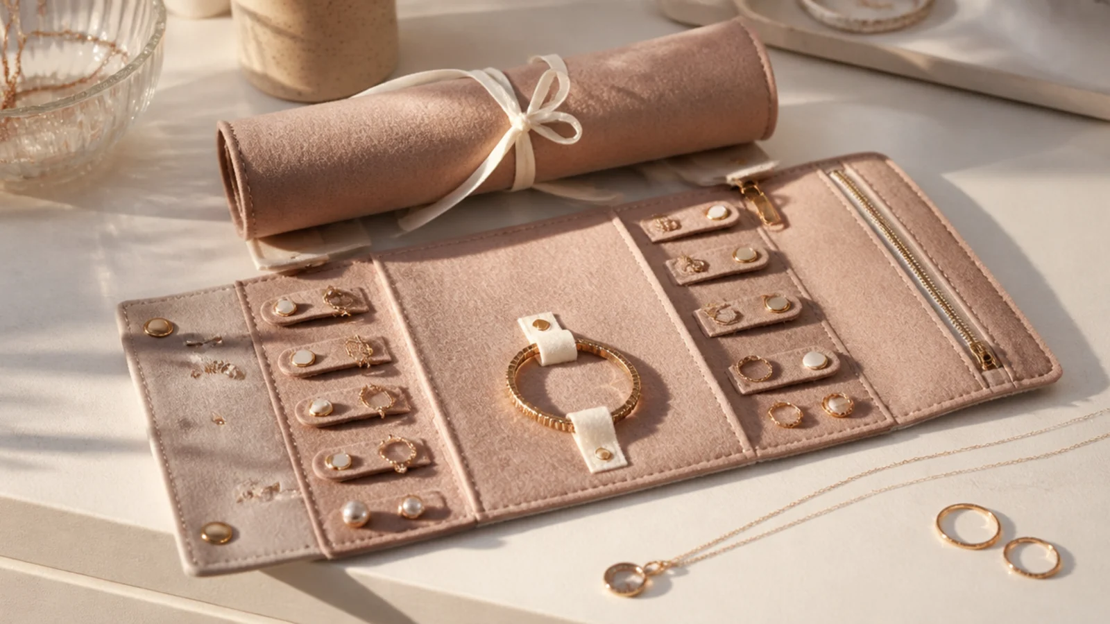 A rolled felt organizer tied with ribbon, unrolled to show pockets and loops holding rings, earrings, and a bracelet.