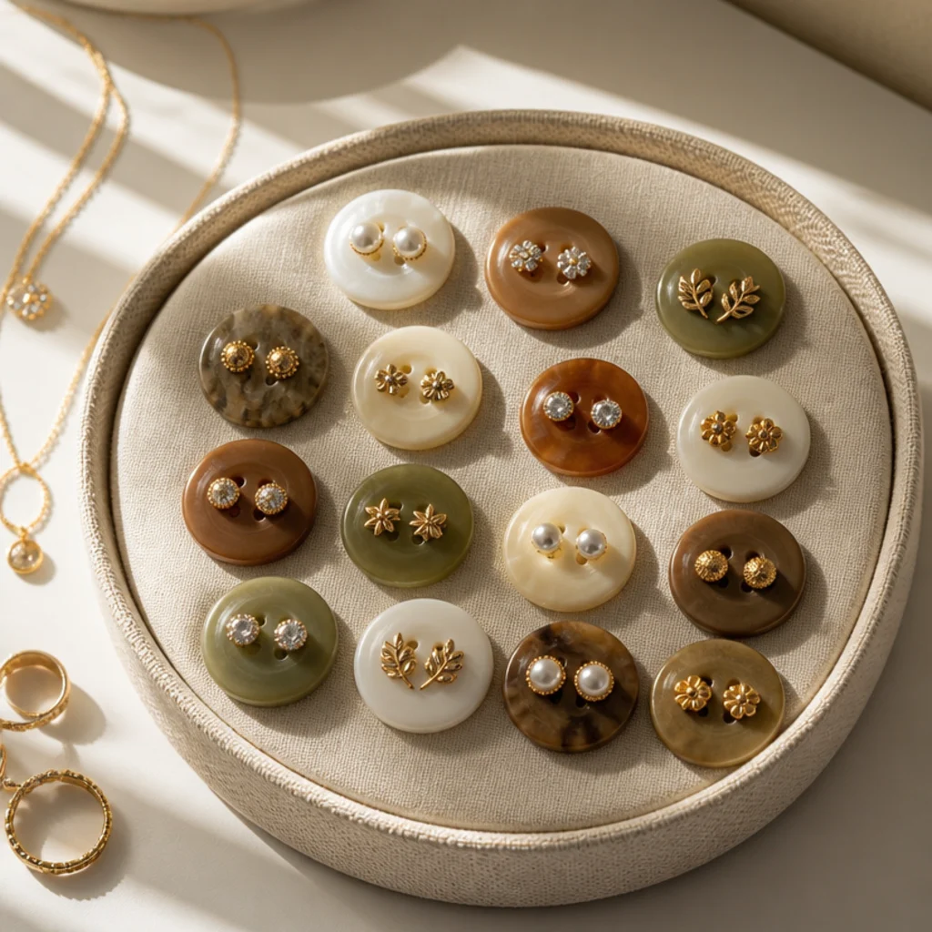 Several pairs of stud earrings pushed through the holes of large buttons, backs fastened, keeping each pair together.