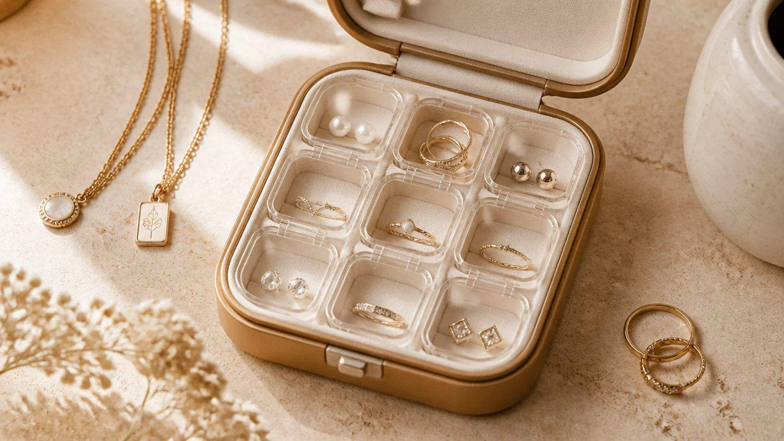 A small snap-lid pill case with compartments holding rings and stud pairs, each in its own closed section.