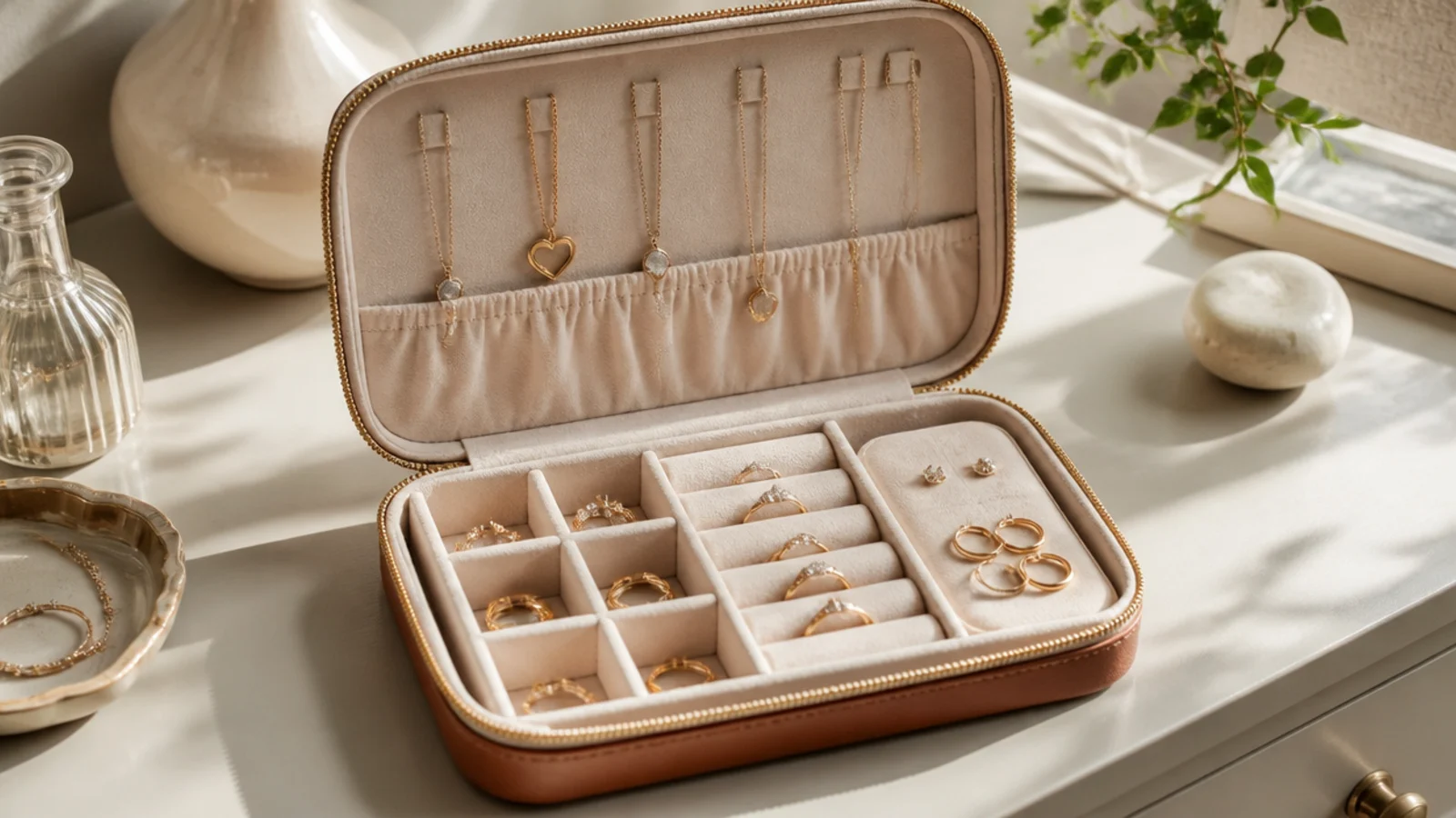 A compact zippered hard-shell case open to show padded compartments, ring rolls, and necklace hooks holding jewelry.