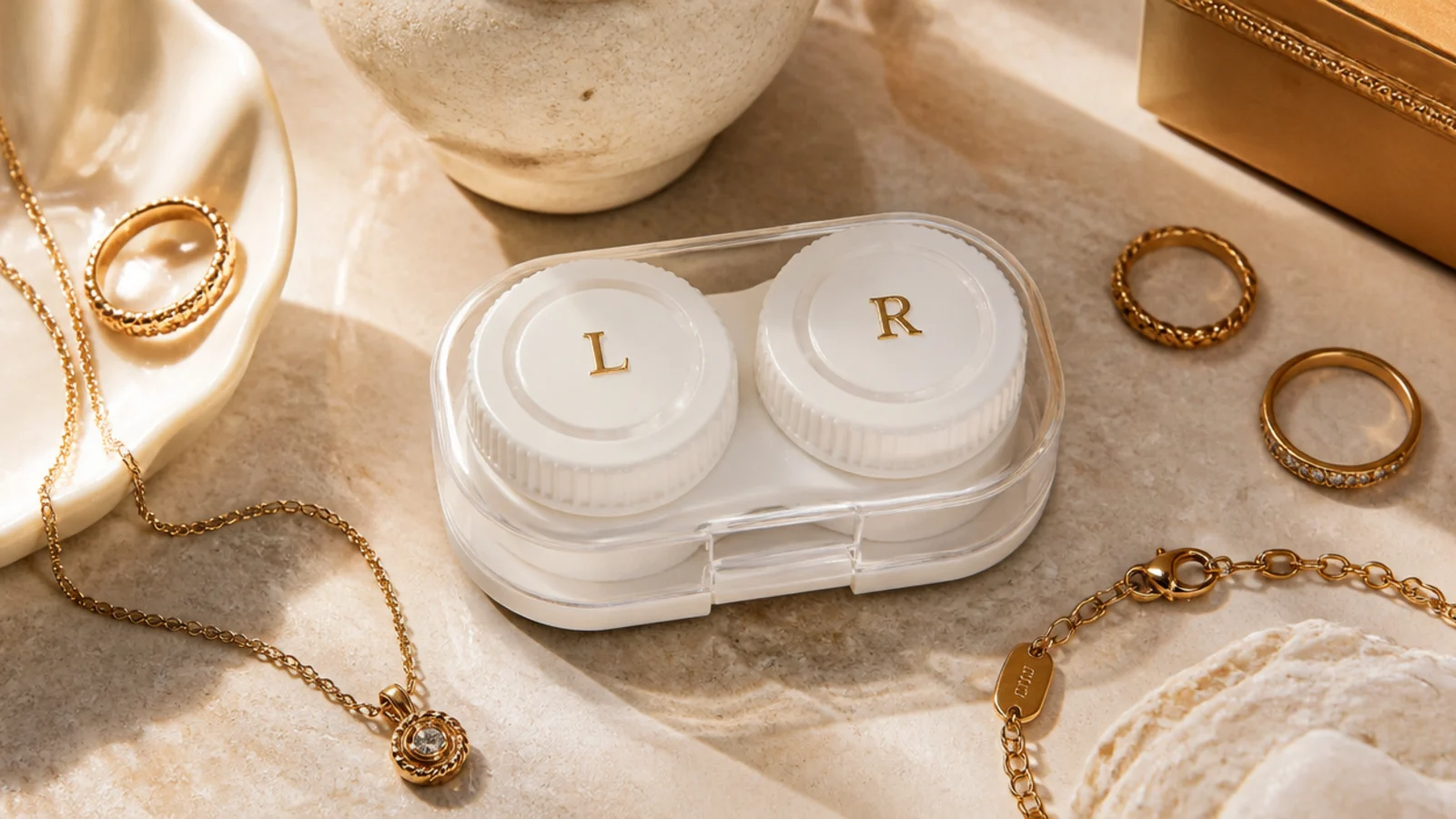 A clean contact-lens case with two screw-top wells holding tiny stud pairs and small rings, sealed shut.