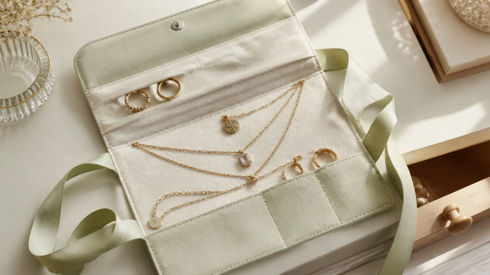 A soft folded fabric envelope with an inner flap and pockets, holding a few pieces of jewelry, tied with a ribbon.