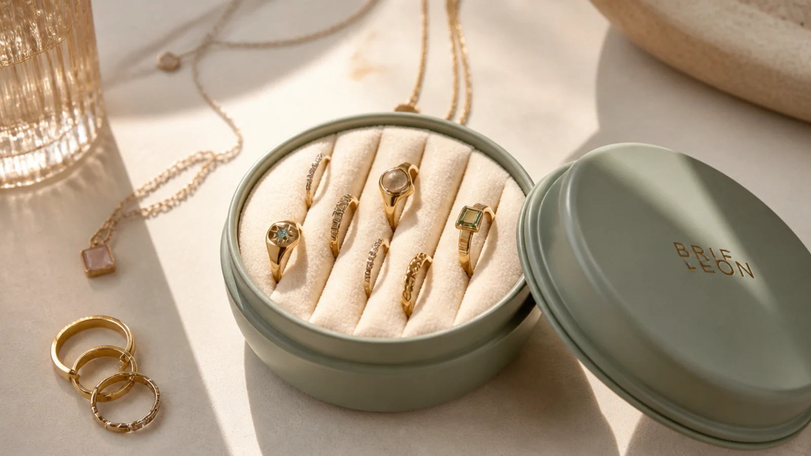 A small round tin lined with slit foam holding several rings upright in a row, lid resting beside it.