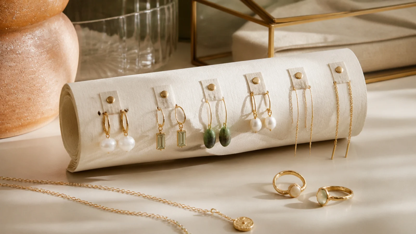 A strip of stiff paper with dangle earrings hooked through punched holes and taped studs, rolled for travel.