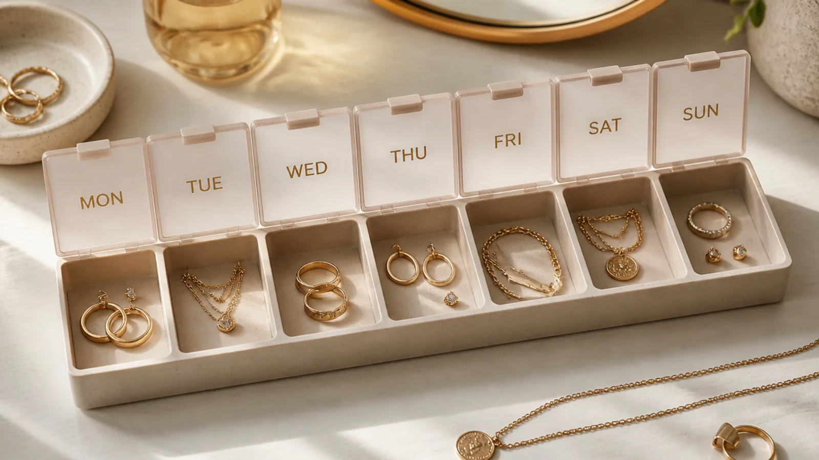 A weekly pill organizer with each day's compartment holding the jewelry set planned for that day's outfit.