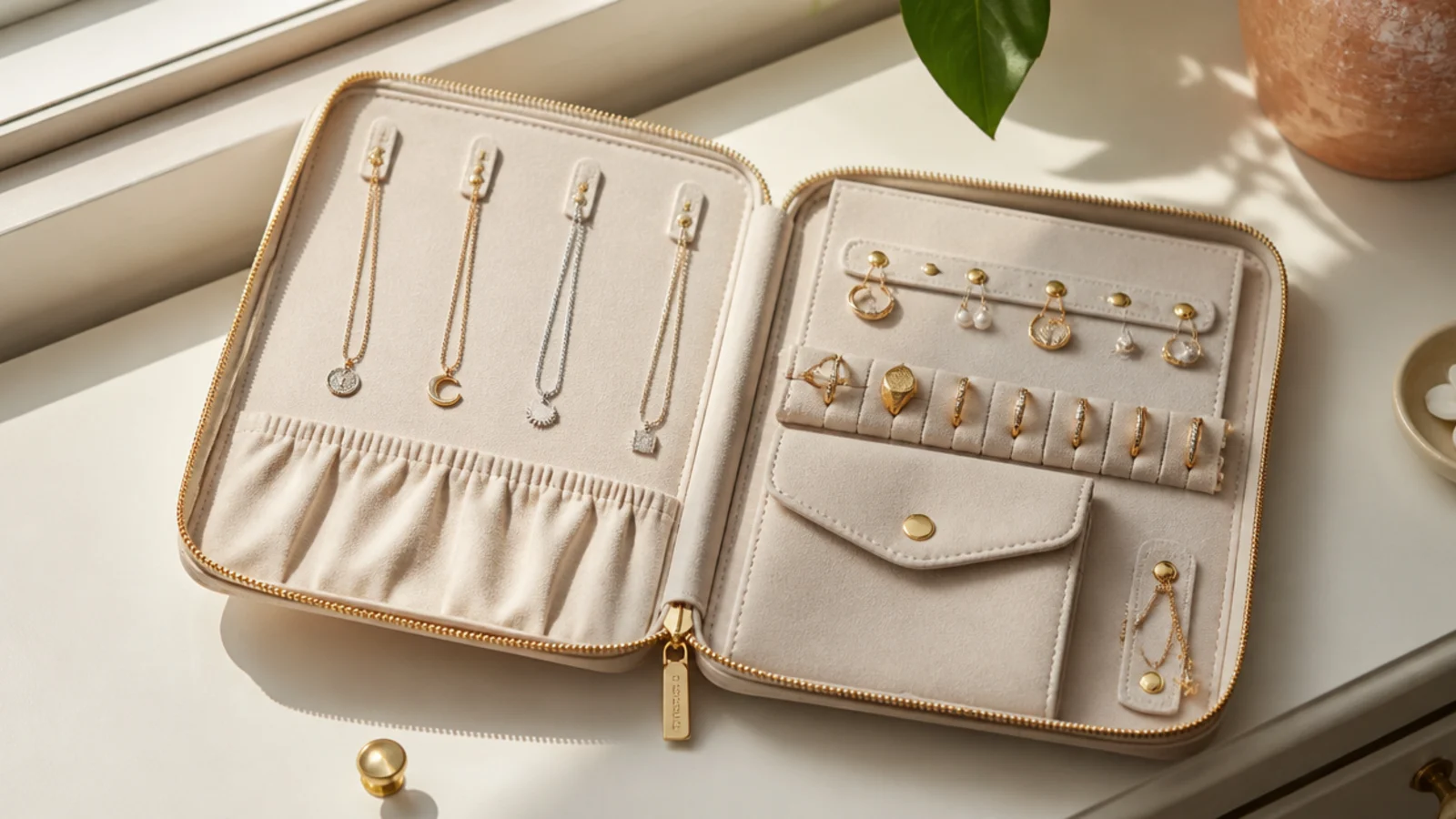 A flat zippered folio that opens like a book to reveal padded pages with loops, pockets, and hooks for jewelry.