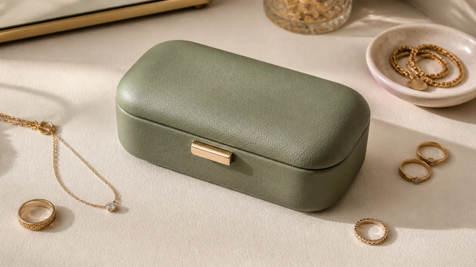 A hard eyeglasses case lined with felt holding a few rings and a coiled bracelet, snapped shut for protection.