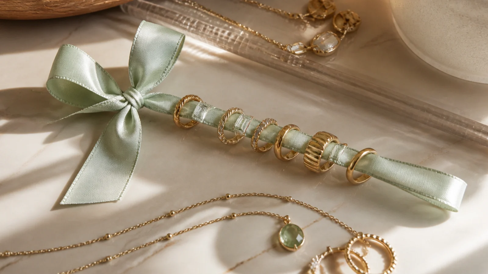 A length of ribbon threaded through several rings and tied in a bow, keeping the rings in a neat row for travel.